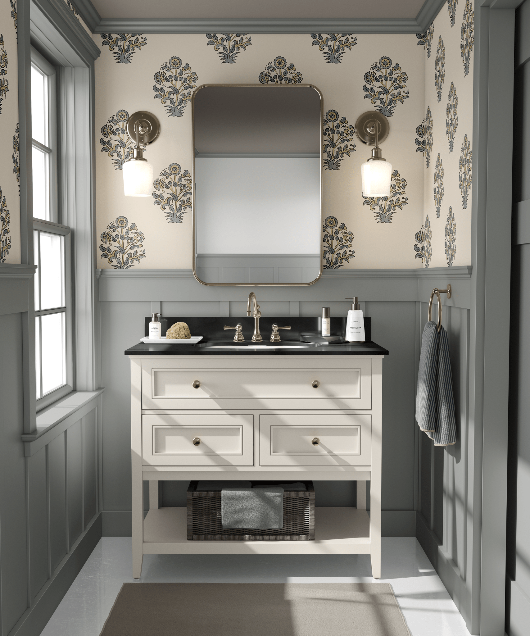 Elegant bathroom featuring block print floral wallpaper with a timeless, vintage-inspired design