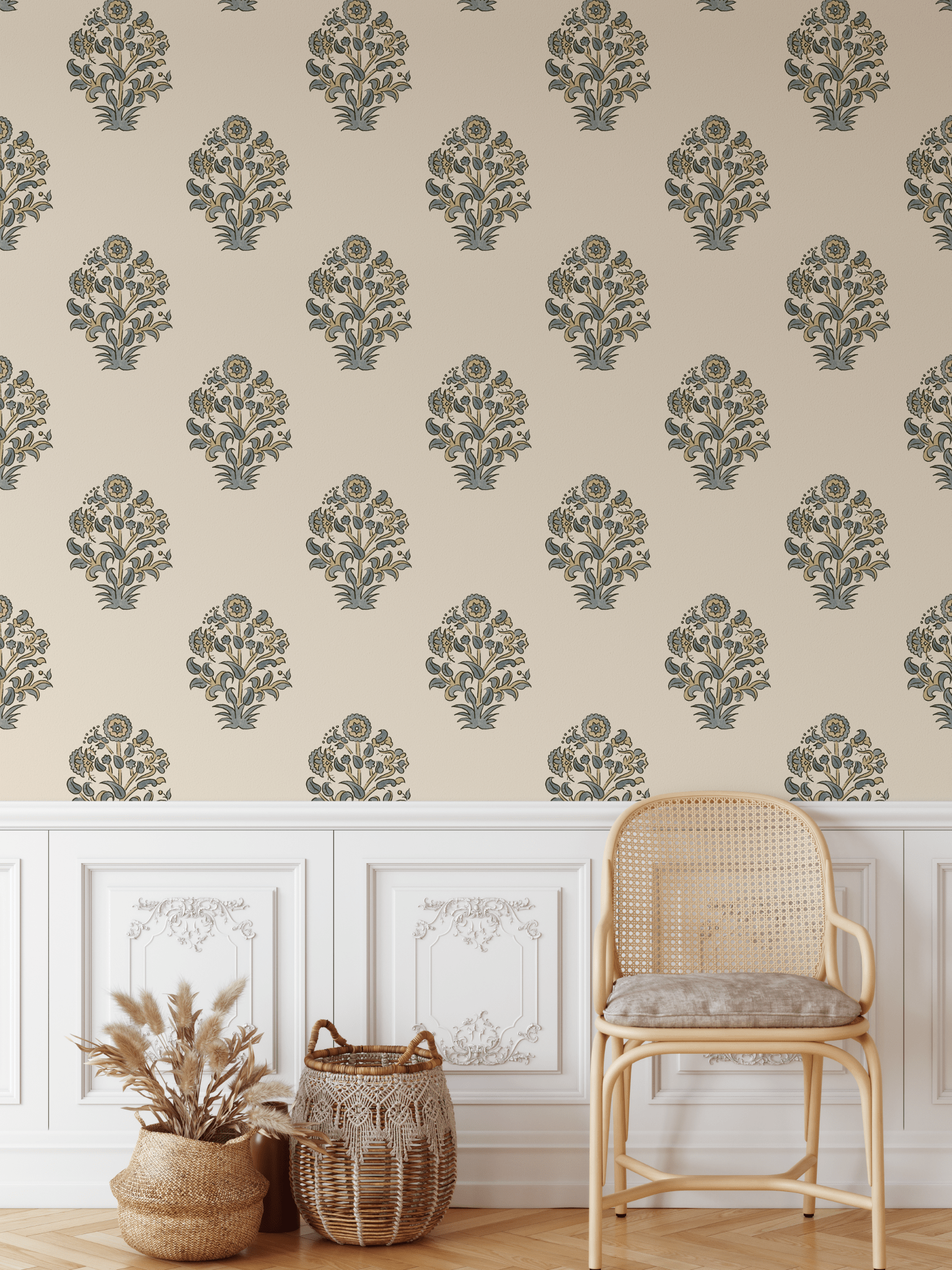 Traditional block print floral wallpaper with soft blue and neutral design in a cozy reading nook setting