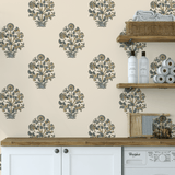 Blue block print floral wallpaper in a farmhouse-style laundry room, perfect for vintage decor lovers