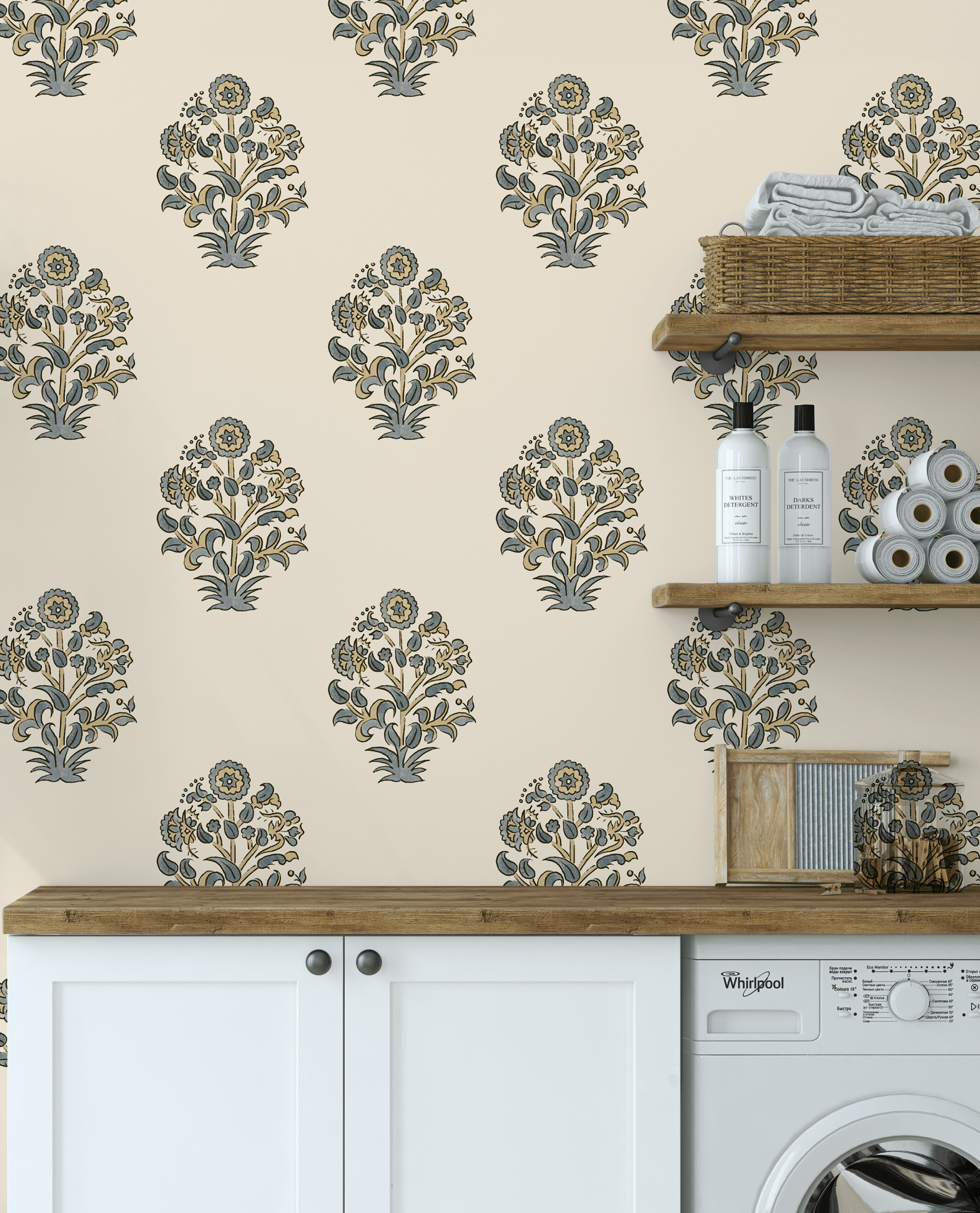 Blue block print floral wallpaper in a farmhouse-style laundry room, perfect for vintage decor lovers