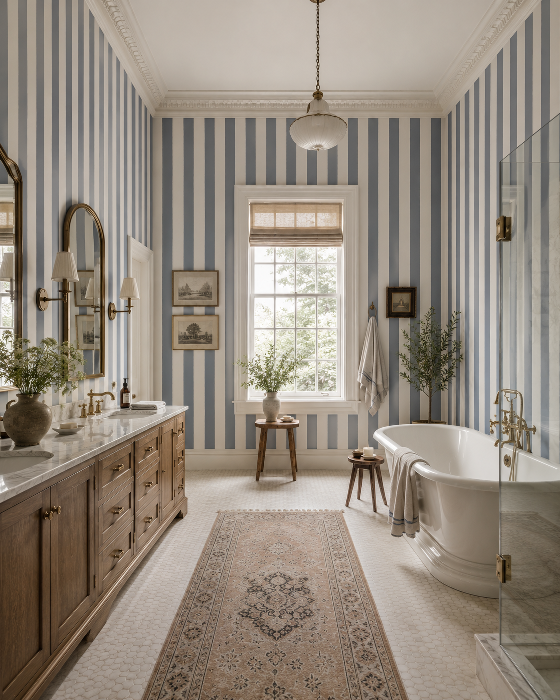 blue stripe wallpaper in classic english bathroom with brass faucets and vintage dome lighting and farmhouse tub
