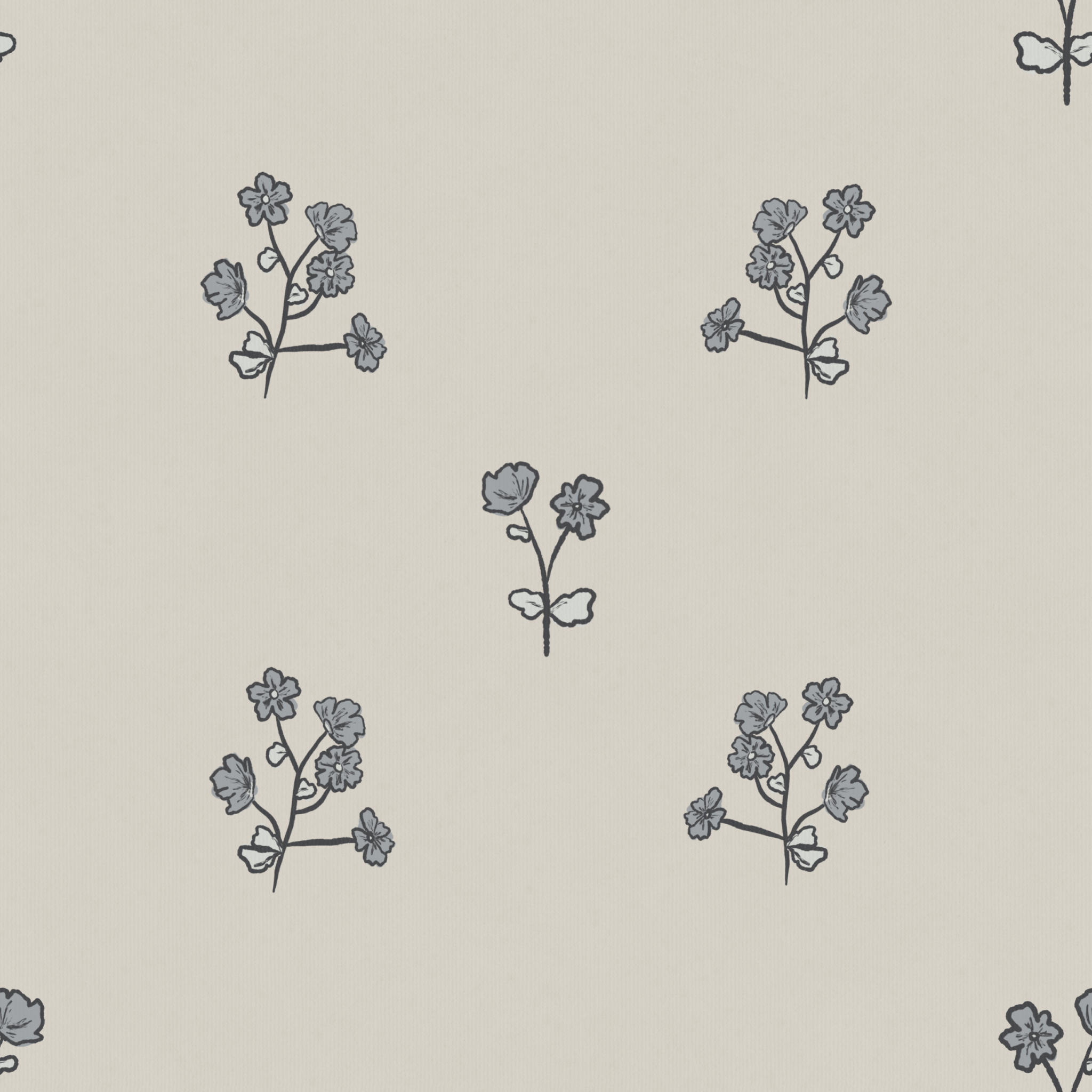 A close-up of a wallpaper with a simple and elegant design of bluebell flowers in a soft blue tone, set against a clean, off-white background.
