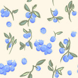 Pattern detail of Blueberry Fields wallpaper, highlighting blue berries and green leaves on a cream background, ideal for farmhouse or vintage-inspired decor