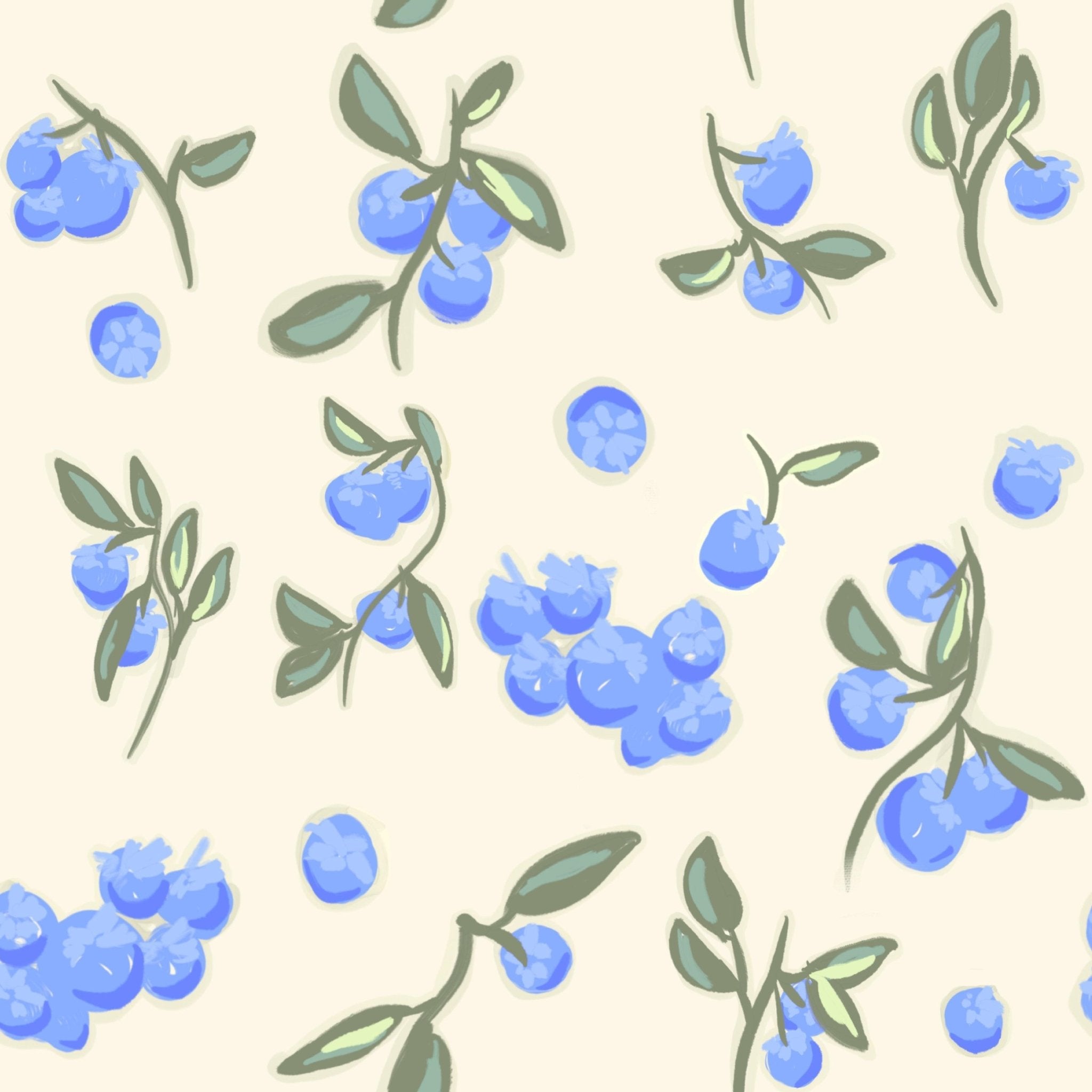 Pattern detail of Blueberry Fields wallpaper, highlighting blue berries and green leaves on a cream background, ideal for farmhouse or vintage-inspired decor