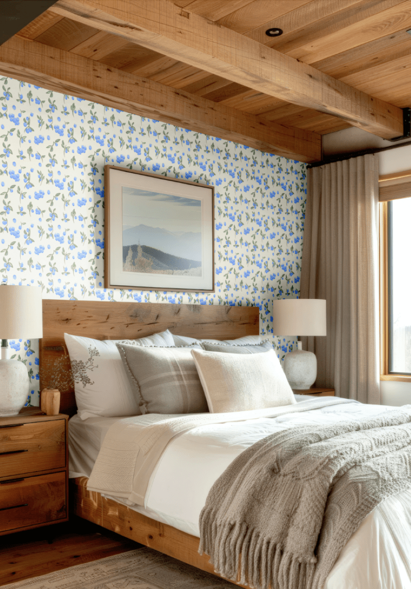 Modern rustic bedroom styled with Blueberry Fields wallpaper, showcasing blue botanical prints against a cozy wood-accented room