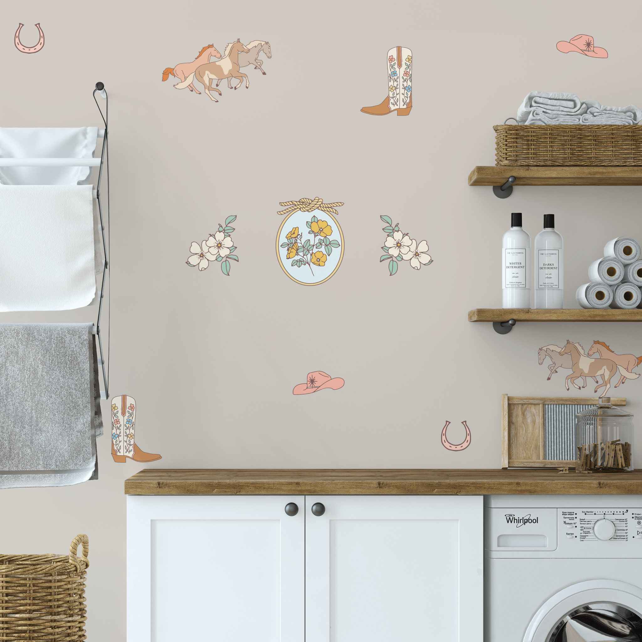 Peel-and-stick wall decals featuring horses, cowboy boots, hats, and floral accents, styled in a rustic laundry room