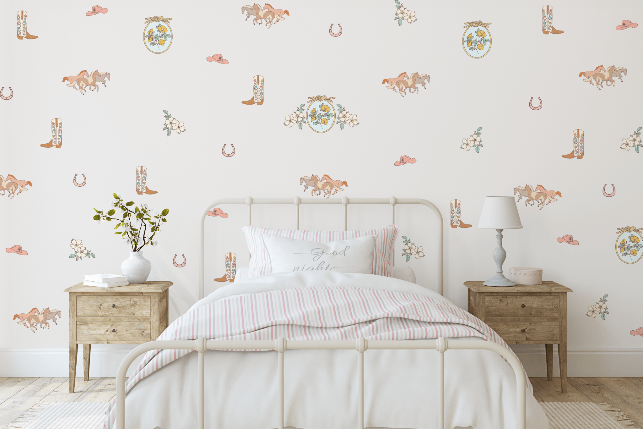 Floral cowboy boots, horses, and vintage western-themed wall stickers decorating a cozy cowgirl-inspired bedroom