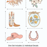 Horse and floral cowboy boot decals styled in a vintage western-inspired room.