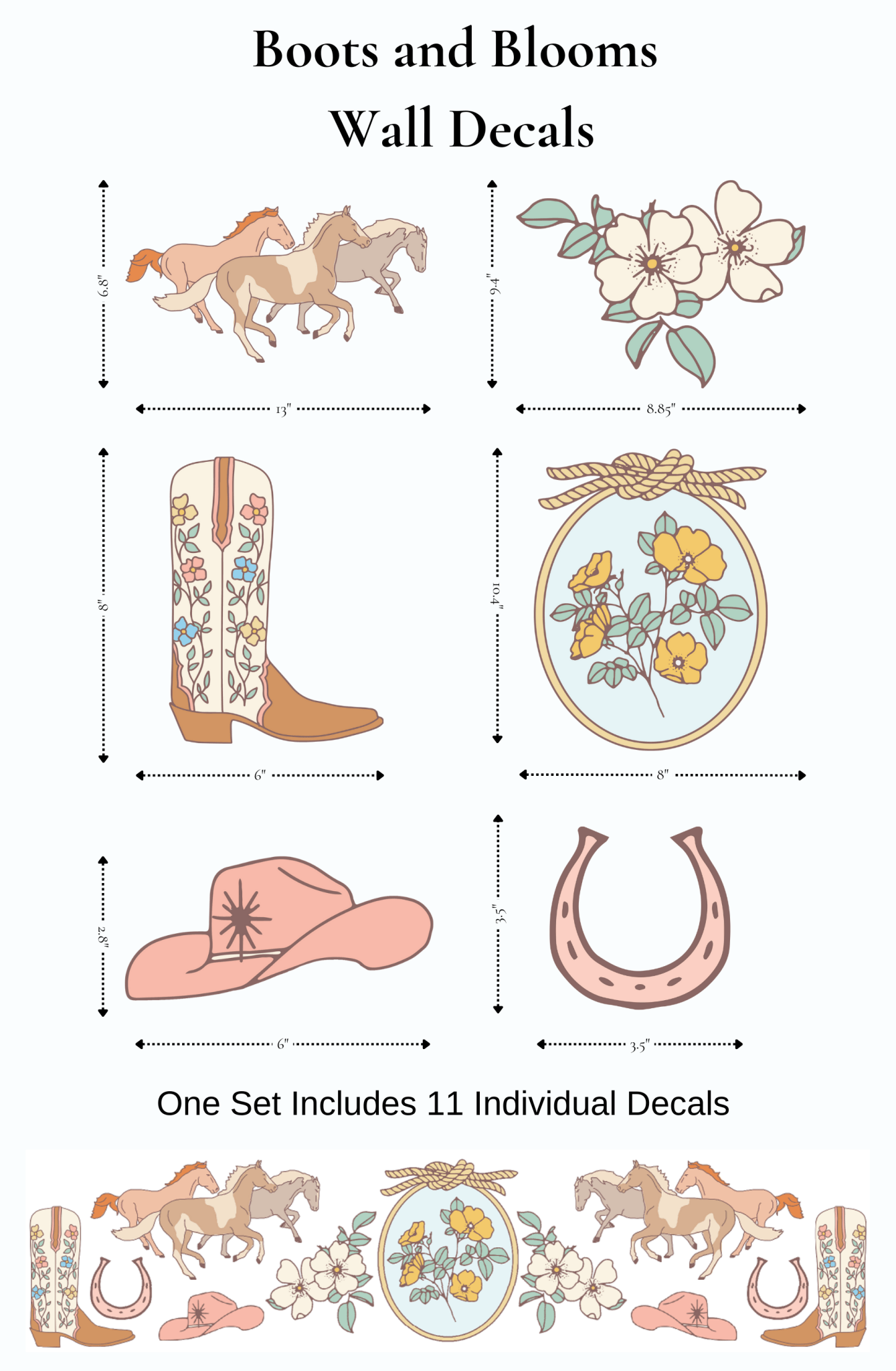 Horse and floral cowboy boot decals styled in a vintage western-inspired room.