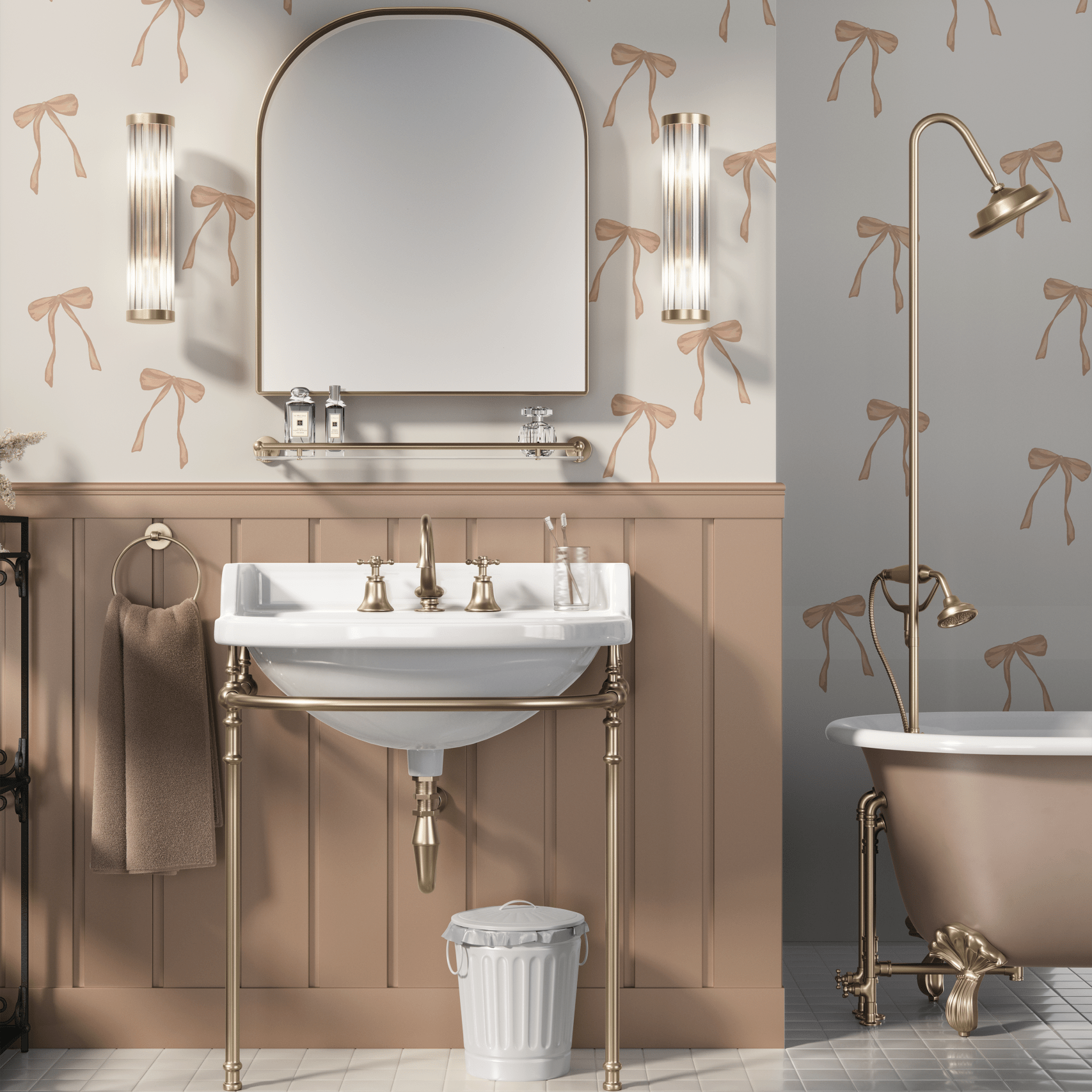 Elegant bathroom decor featuring soft bow decals on the walls, adding a touch of feminine charm and boho style to the space.