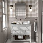 Gingham wallpaper in bathroom with white vanity and wood trim, cozy cottage feel