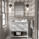 Gingham wallpaper in bathroom with white vanity and wood trim, cozy cottage feel