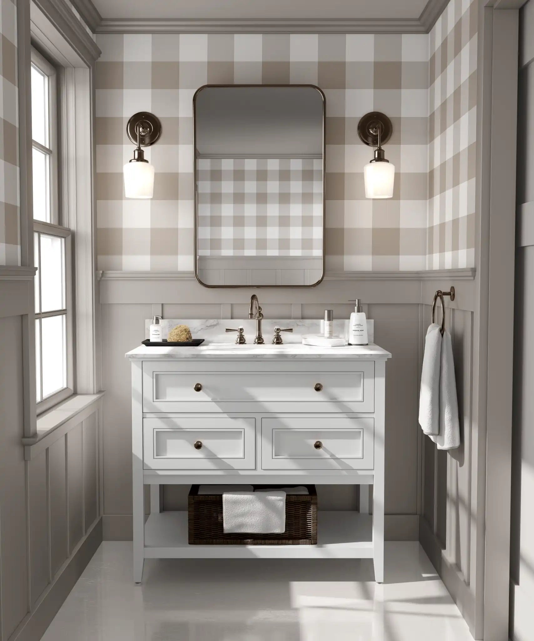 Gingham wallpaper in bathroom with white vanity and wood trim, cozy cottage feel