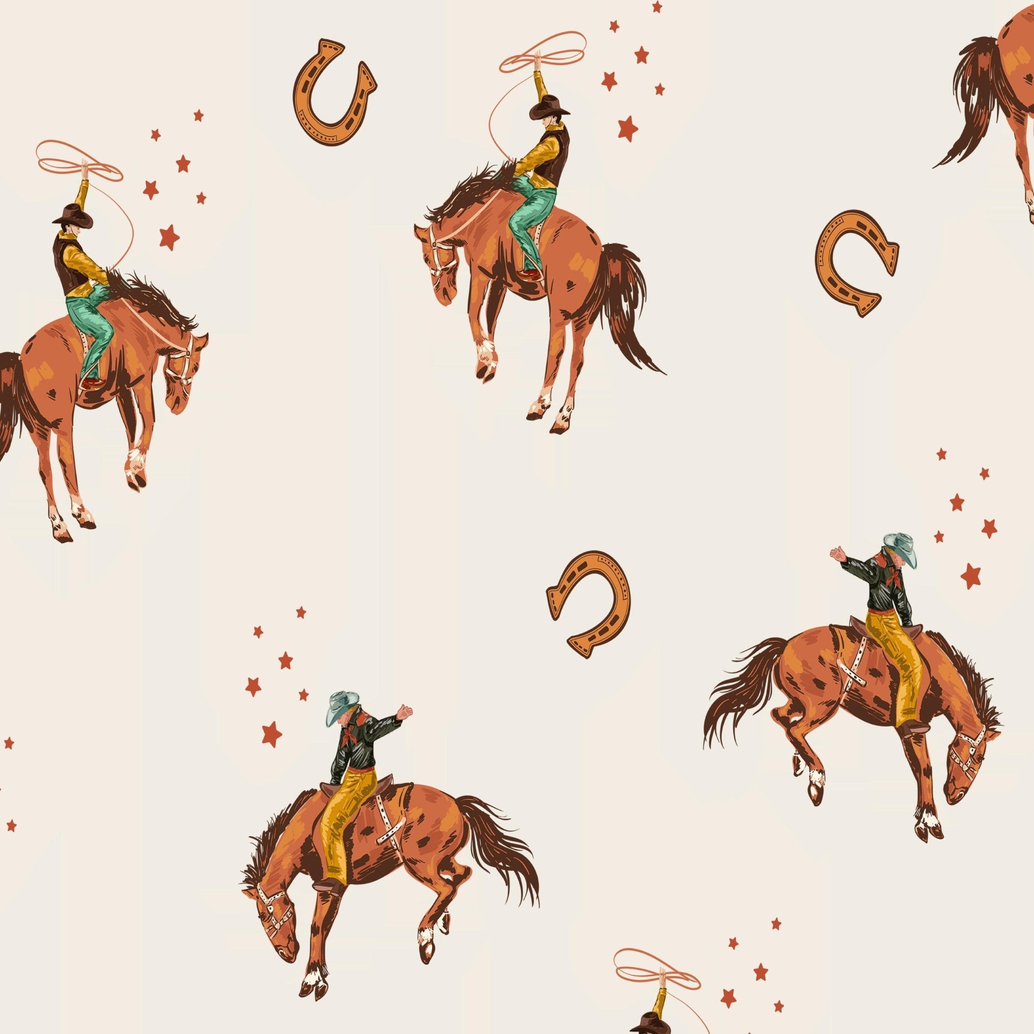 Close-up of Bucking Bronco pattern wallpaper featuring cowboy and horse illustrations with stars and horseshoes