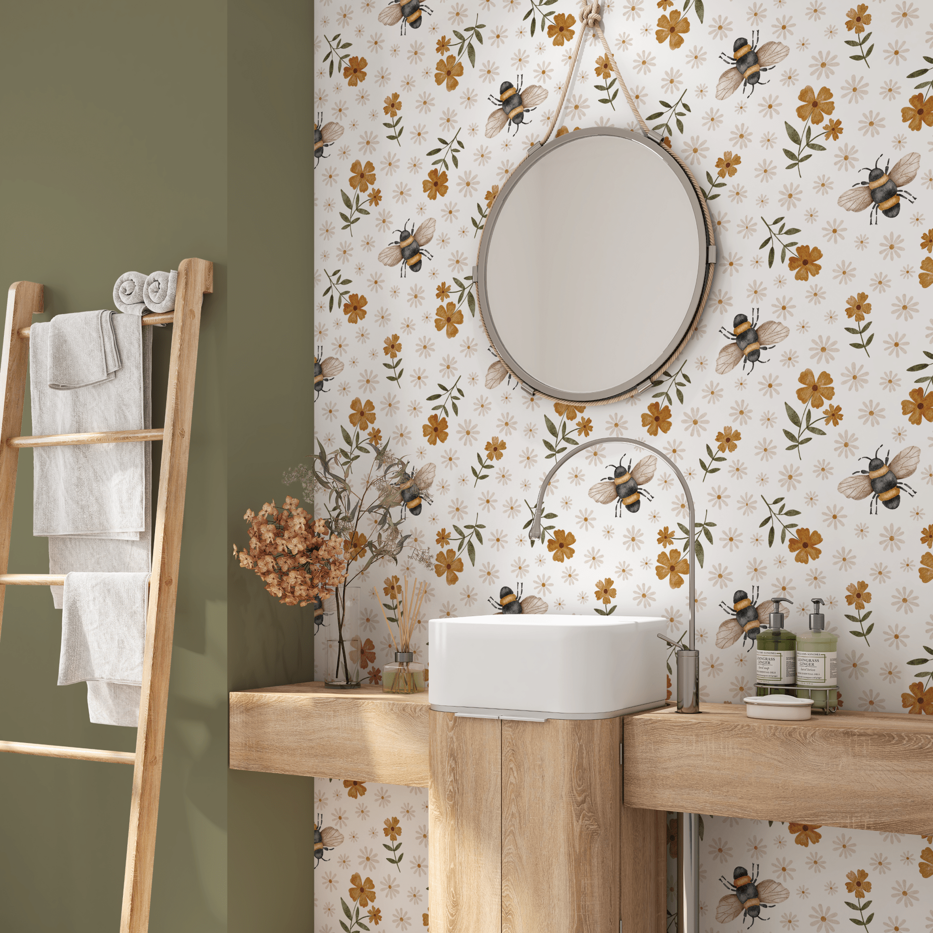 Cottagecore wallpaper featuring bees and wildflowers in a bathroom