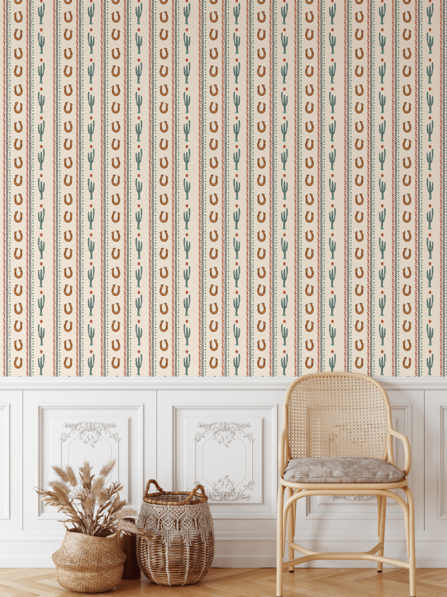 Cactus Trail wallpaper in a room setting with natural light and rustic decor elements