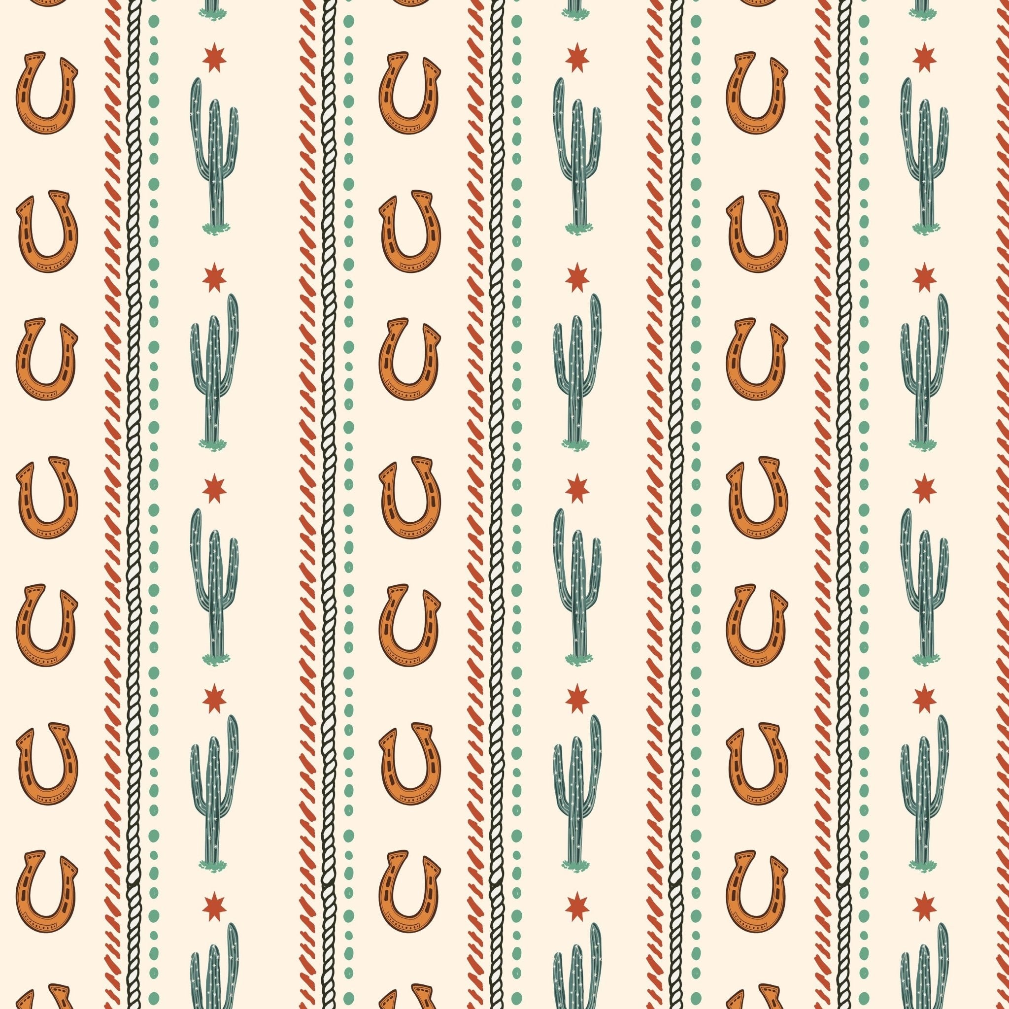 Cactus Trail Western wallpaper with cactus and horseshoe pattern, close-up view