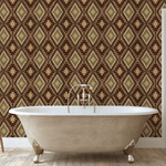 Western Quilt Pattern Wallpaper in rustic bathroom setting with freestanding tub.