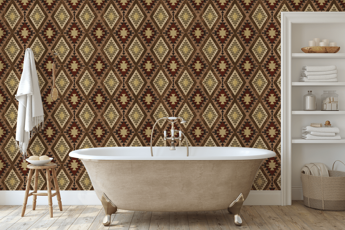 Western Quilt Pattern Wallpaper in rustic bathroom setting with freestanding tub.