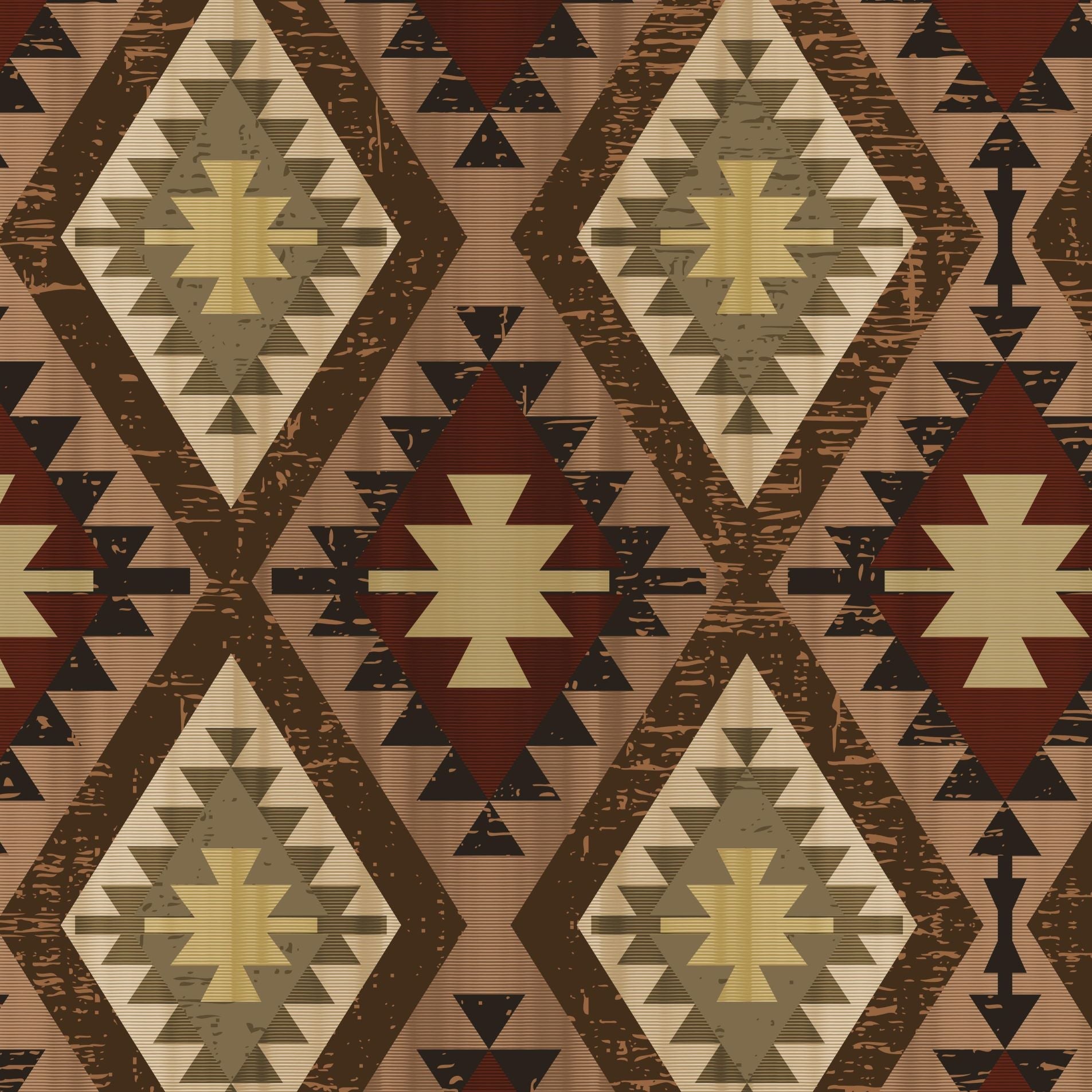 Close-up view of rustic quilt pattern wallpaper with Western and Southwestern influences.