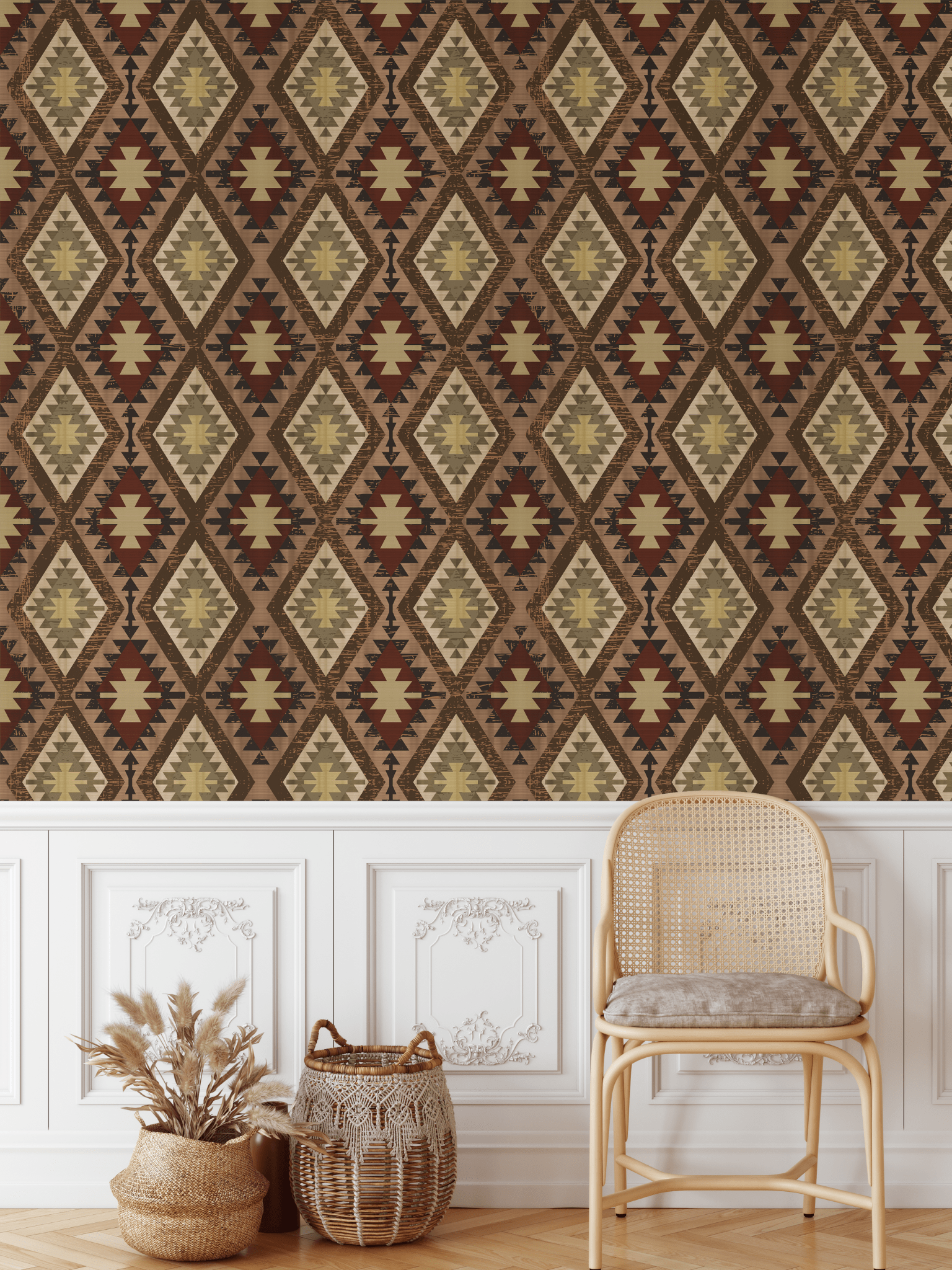 Rustic cattleman quilt wallpaper in vintage-inspired living space.