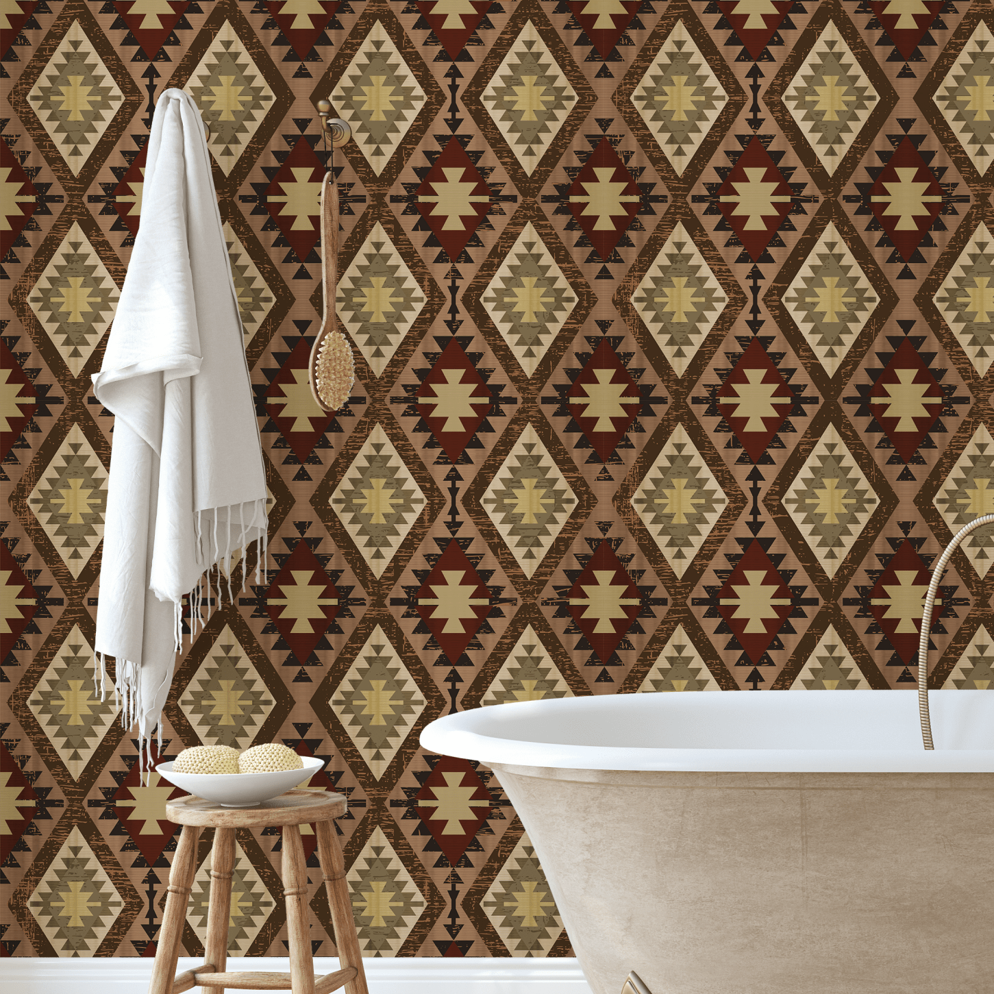 Western quilt wallpaper in cozy farmhouse bathroom decor.