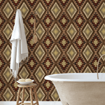 Western quilt wallpaper in cozy farmhouse bathroom decor.