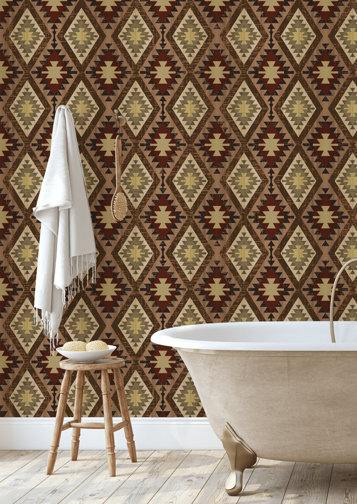 Western quilt wallpaper in cozy farmhouse bathroom decor.