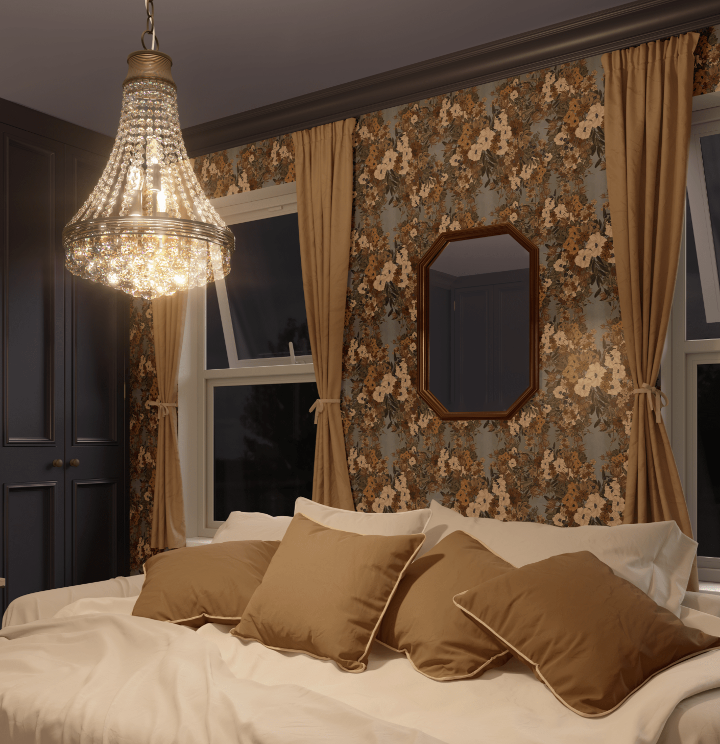 A classic bedroom interior featuring an opulent crystal chandelier and vintage floral wallpaper. The decor includes a plush bed with cream linens and matching curtains, all enhanced by rich, dark wood furniture and an elegant octagonal mirror.