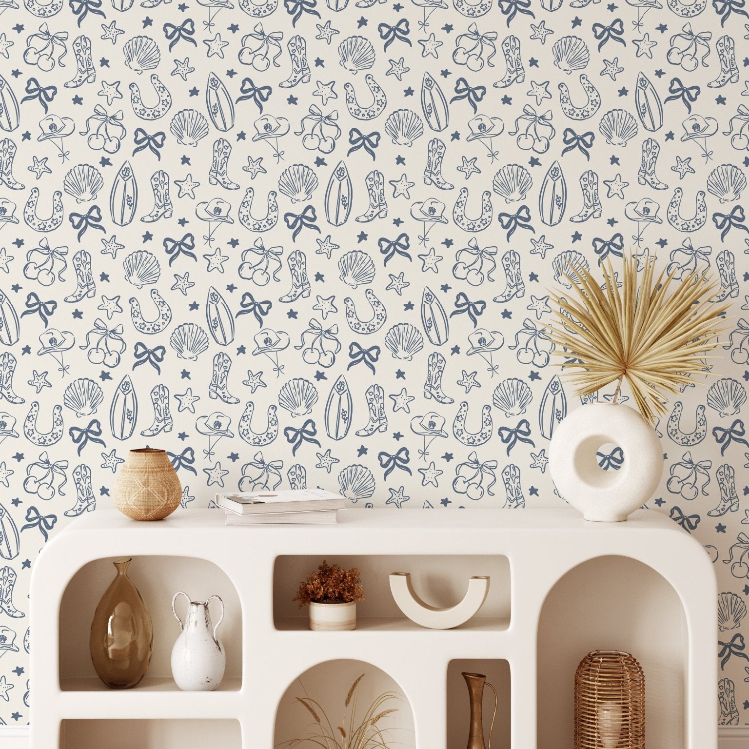 blue and white western wallpaper with coastal cowgirl aesthetic pattern