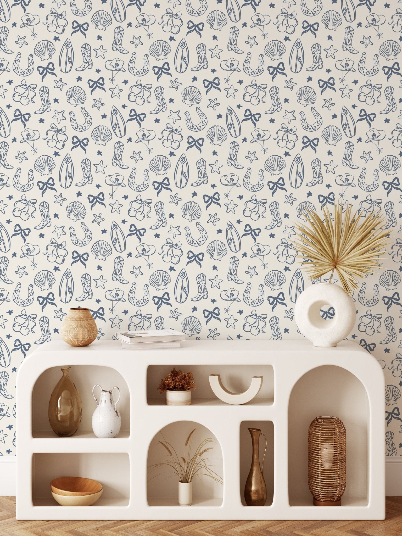 blue and white western wallpaper with coastal cowgirl aesthetic pattern