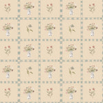 Close-up of Cottagecore wallpaper sample featuring floral tile patterns with vases of flowers and leaves, perfect for farmhouse or vintage-style decor