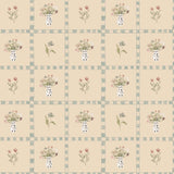 Close-up of Cottagecore wallpaper sample featuring floral tile patterns with vases of flowers and leaves, perfect for farmhouse or vintage-style decor