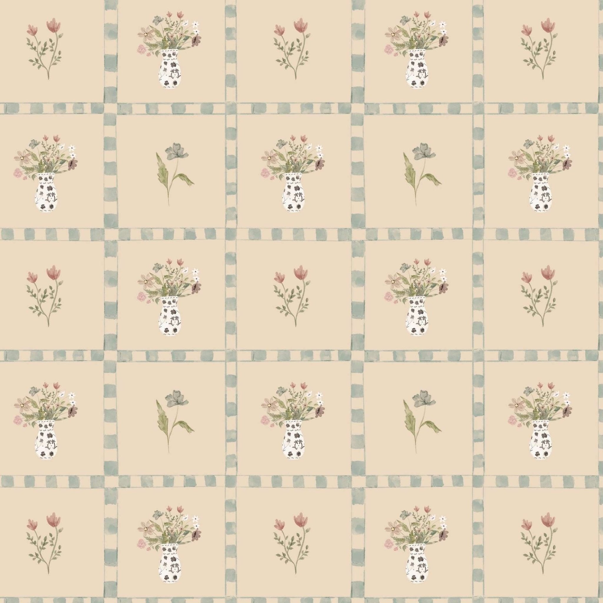 Close-up of Cottagecore wallpaper sample featuring floral tile patterns with vases of flowers and leaves, perfect for farmhouse or vintage-style decor