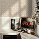 Cottagecore wallpaper with vintage floral tile design used in a cozy kitchen, featuring delicate flower patterns and soft beige tones