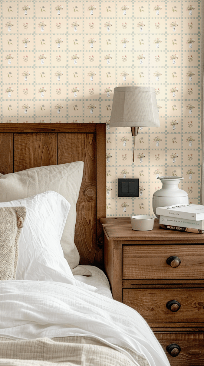 Cottagecore-inspired master bedroom with floral wallpaper, wooden headboard, and rustic decor, creating a serene and timeless retreat