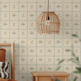 Cozy cottage-style bedroom featuring floral cottagecore wallpaper, soft lighting, and natural wooden elements for a warm, earthy aesthetic