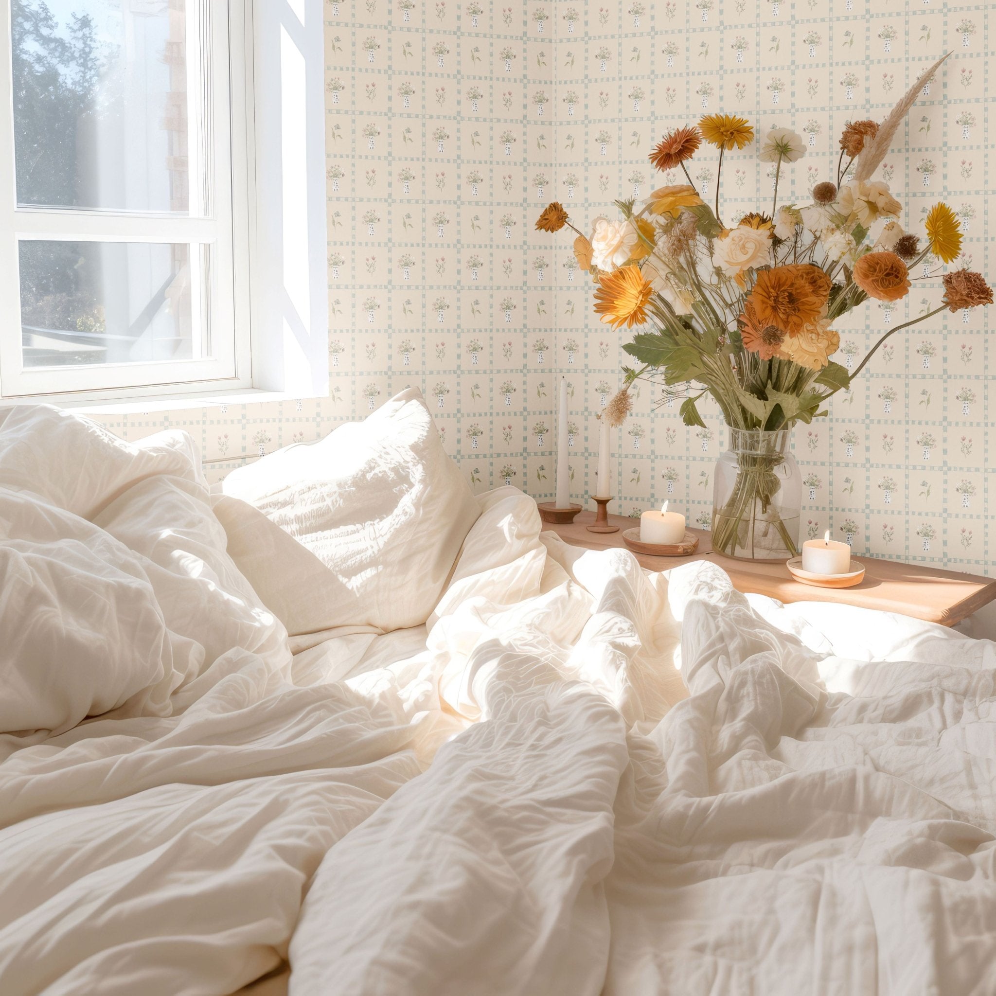 Sunlit bedroom with cottagecore floral wallpaper, featuring a cozy bed adorned with soft white bedding and a bouquet of wildflowers.