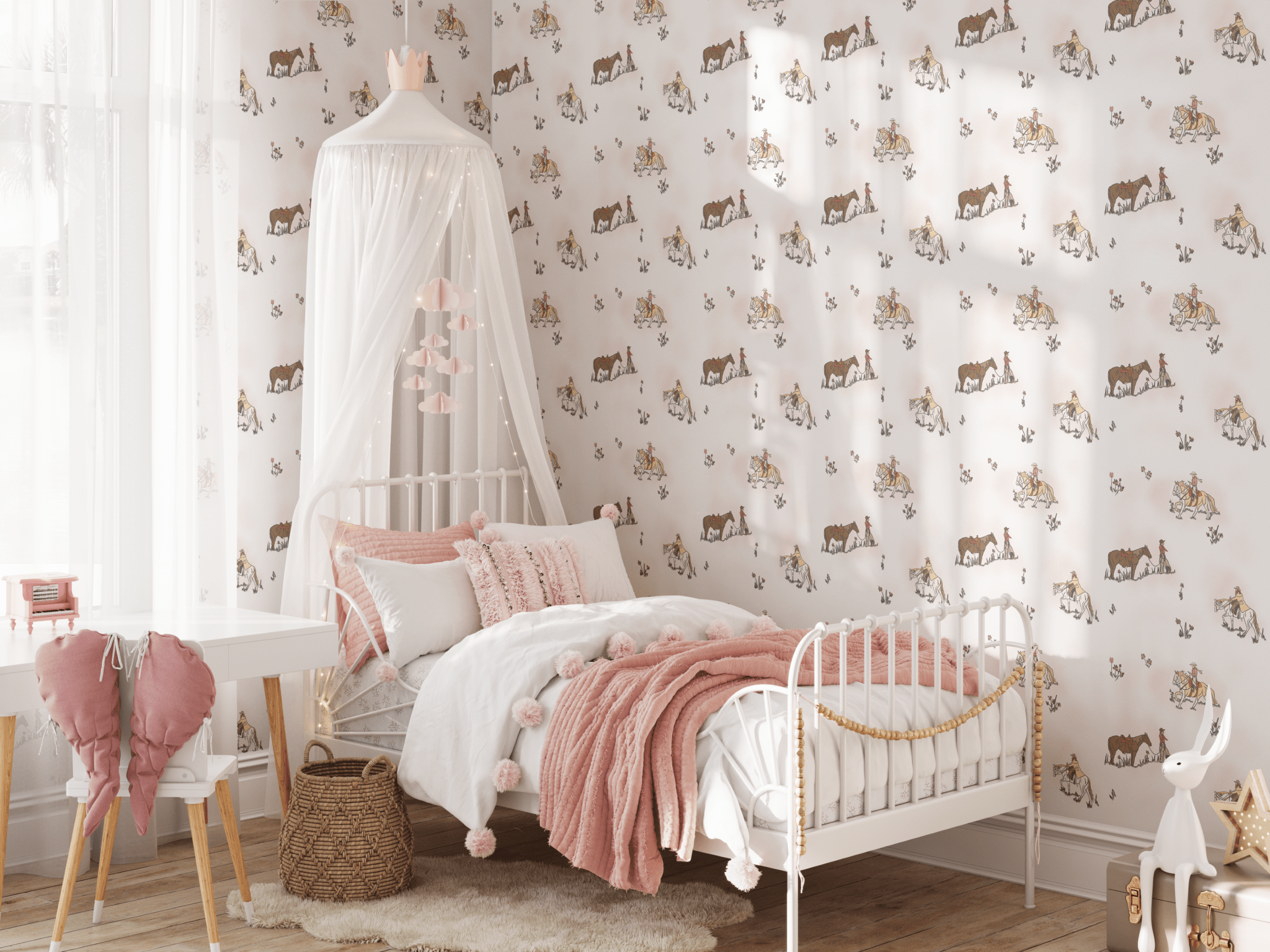 A cozy girl's bedroom featuring a white metal bed with pink and white bedding, a canopy with fairy lights, and cowgirl-themed wallpaper showcasing cowgirls and horses on a white background.