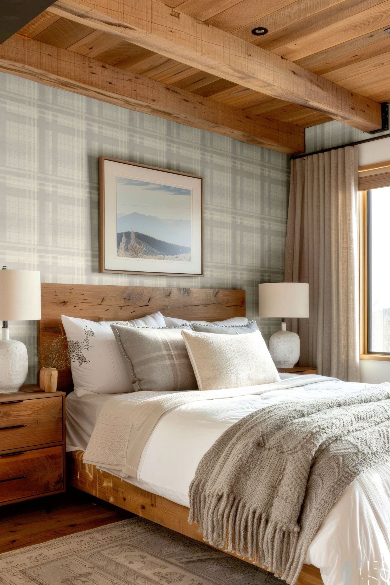 Modern rustic bedroom with Cream Tartan Wallpaper and cozy linens.
