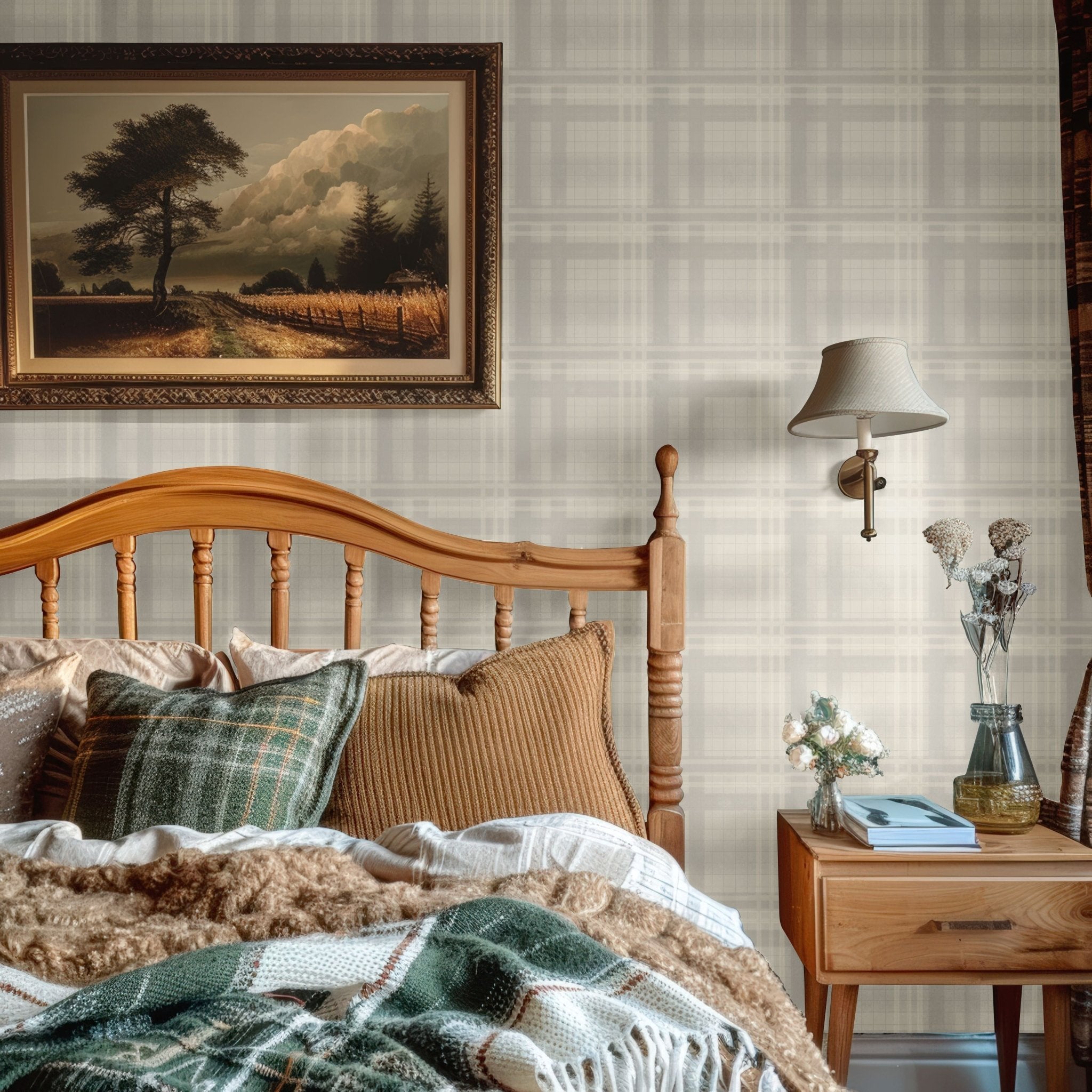 Vintage-inspired bedroom with Cream Tartan Wallpaper and classic wall art.