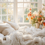 Sunlit bedroom with Cream Tartan Wallpaper and a vase of vibrant flowers