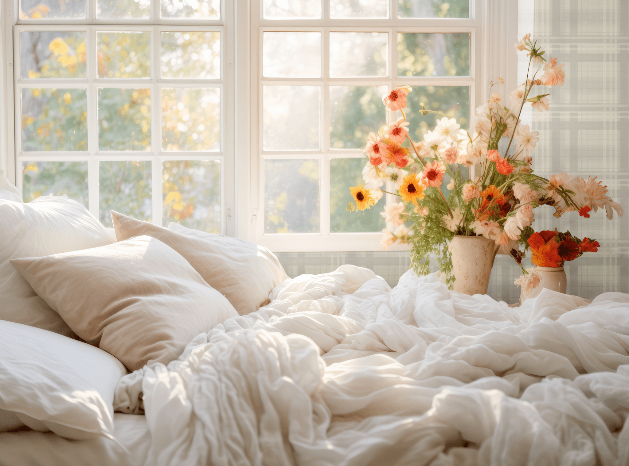 Sunlit bedroom with Cream Tartan Wallpaper and a vase of vibrant flowers