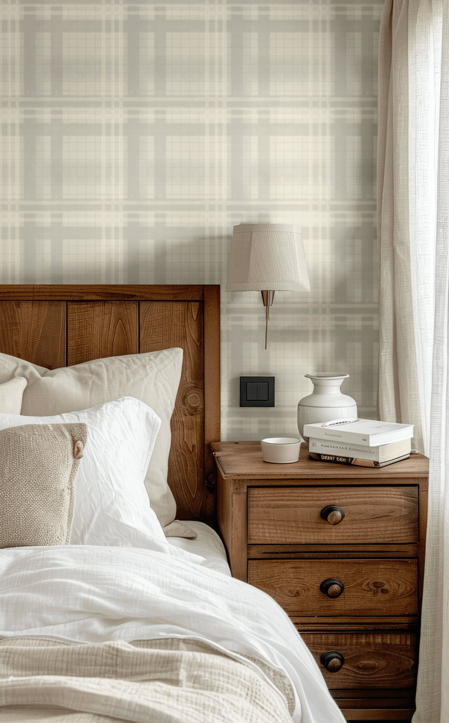 Cozy bedroom with Cream Tartan Wallpaper accent wall and warm wood decor.