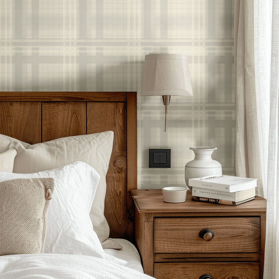 Cozy bedroom with Cream Tartan Wallpaper accent wall and warm wood decor.