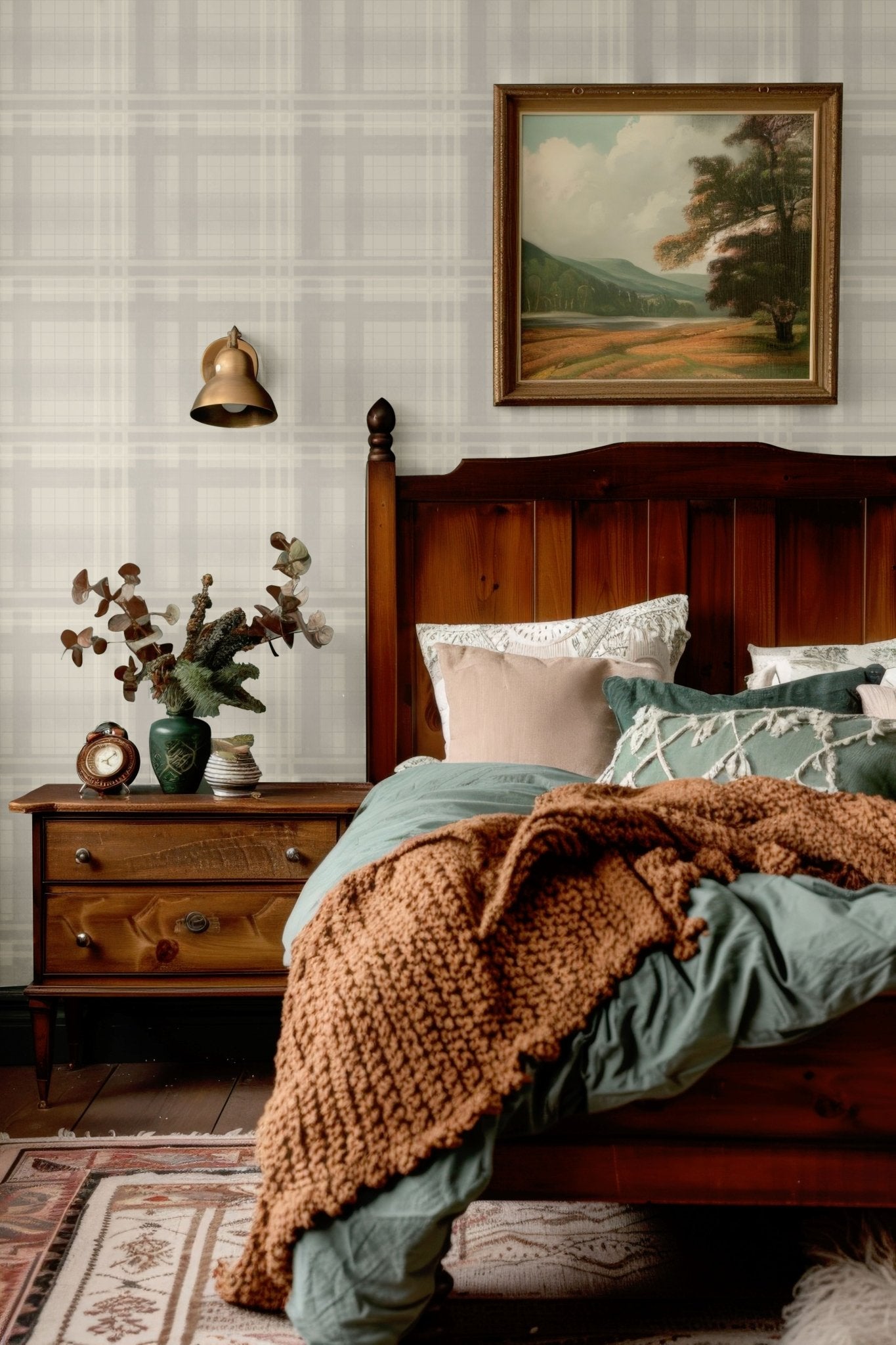 Cottage-style bedroom with Cream Tartan Wallpaper and warm lighting.