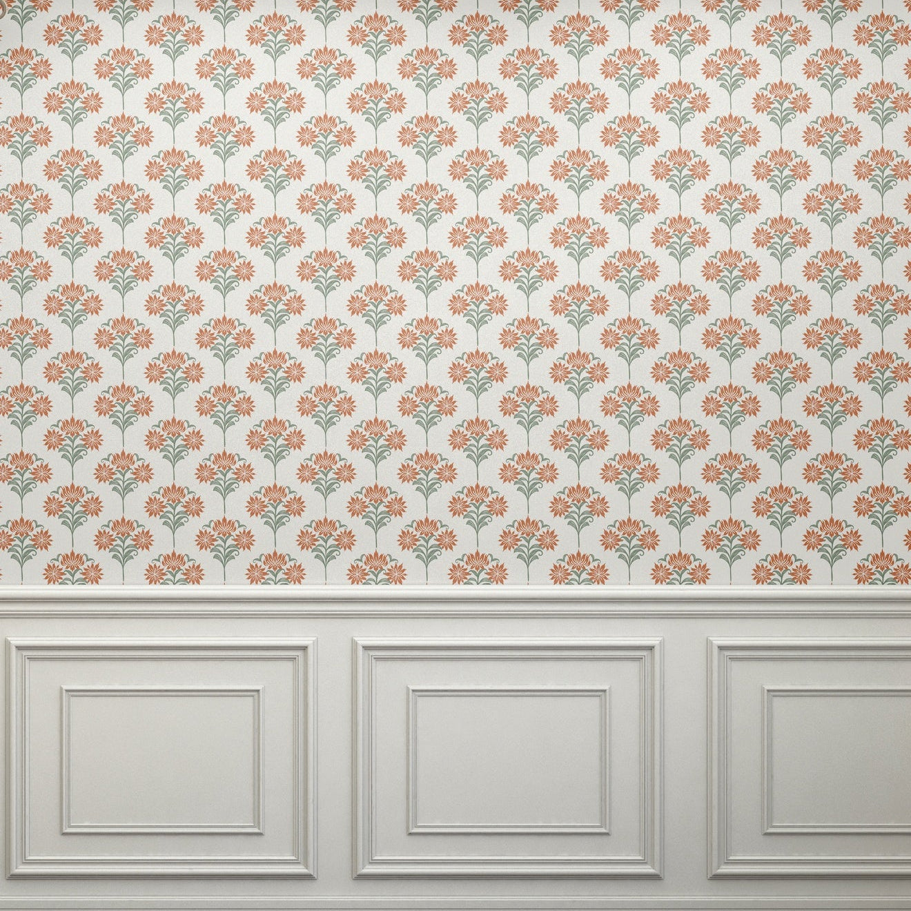 Close-up view of floral damask wallpaper showcasing intricate orange and green floral patterns.