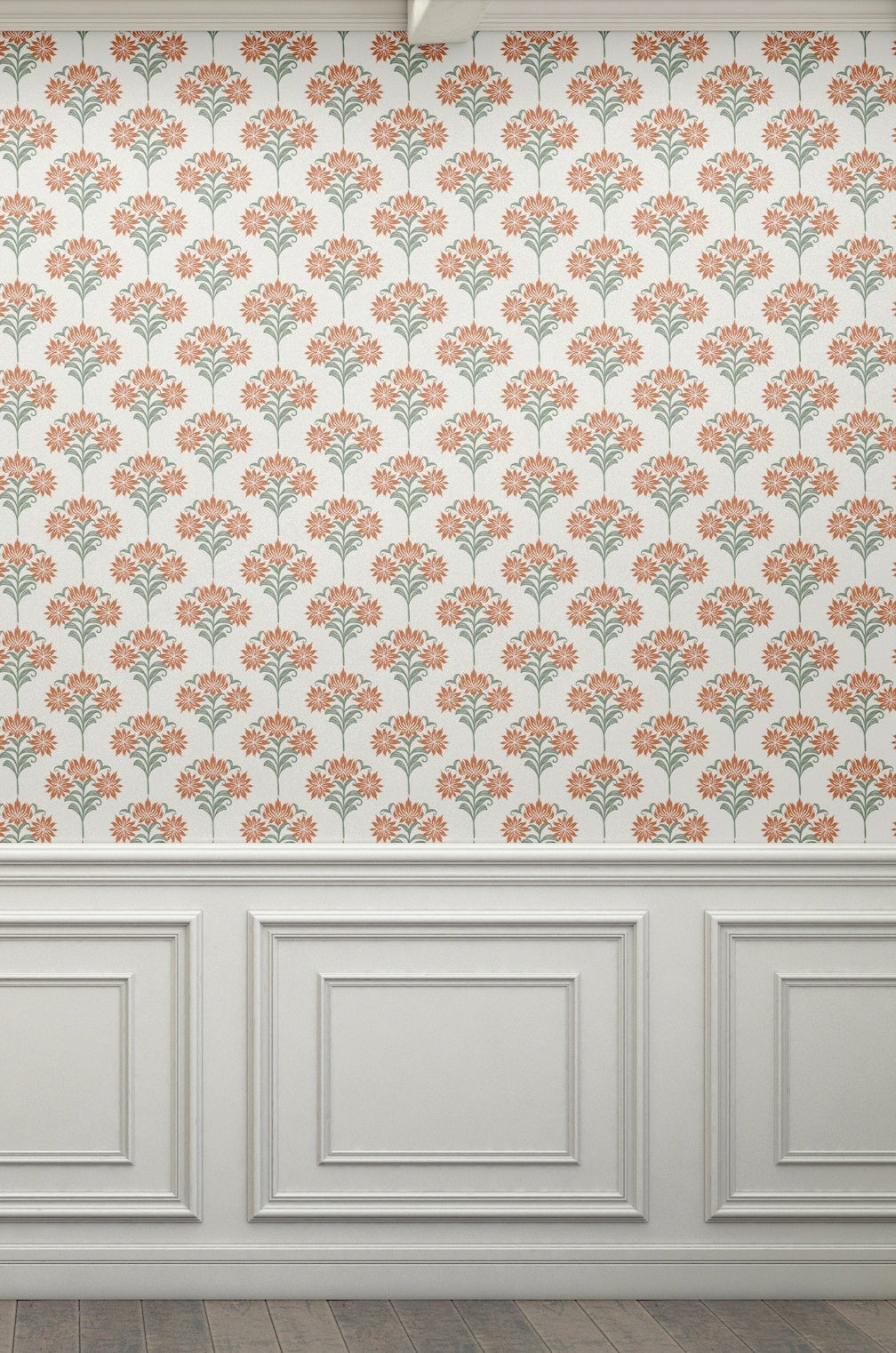 Close-up view of floral damask wallpaper showcasing intricate orange and green floral patterns.