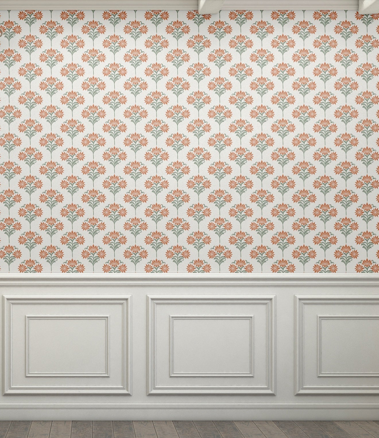 Close-up view of floral damask wallpaper showcasing intricate orange and green floral patterns.