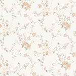 Soft pastel floral pattern with blush, taupe, and white flowers mingling with light green foliage on a creamy background, creating a whimsical and gentle ambiance for wall decor